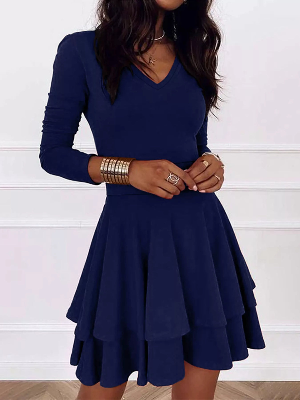 V-Neck Layered Ruffle Mini Dress