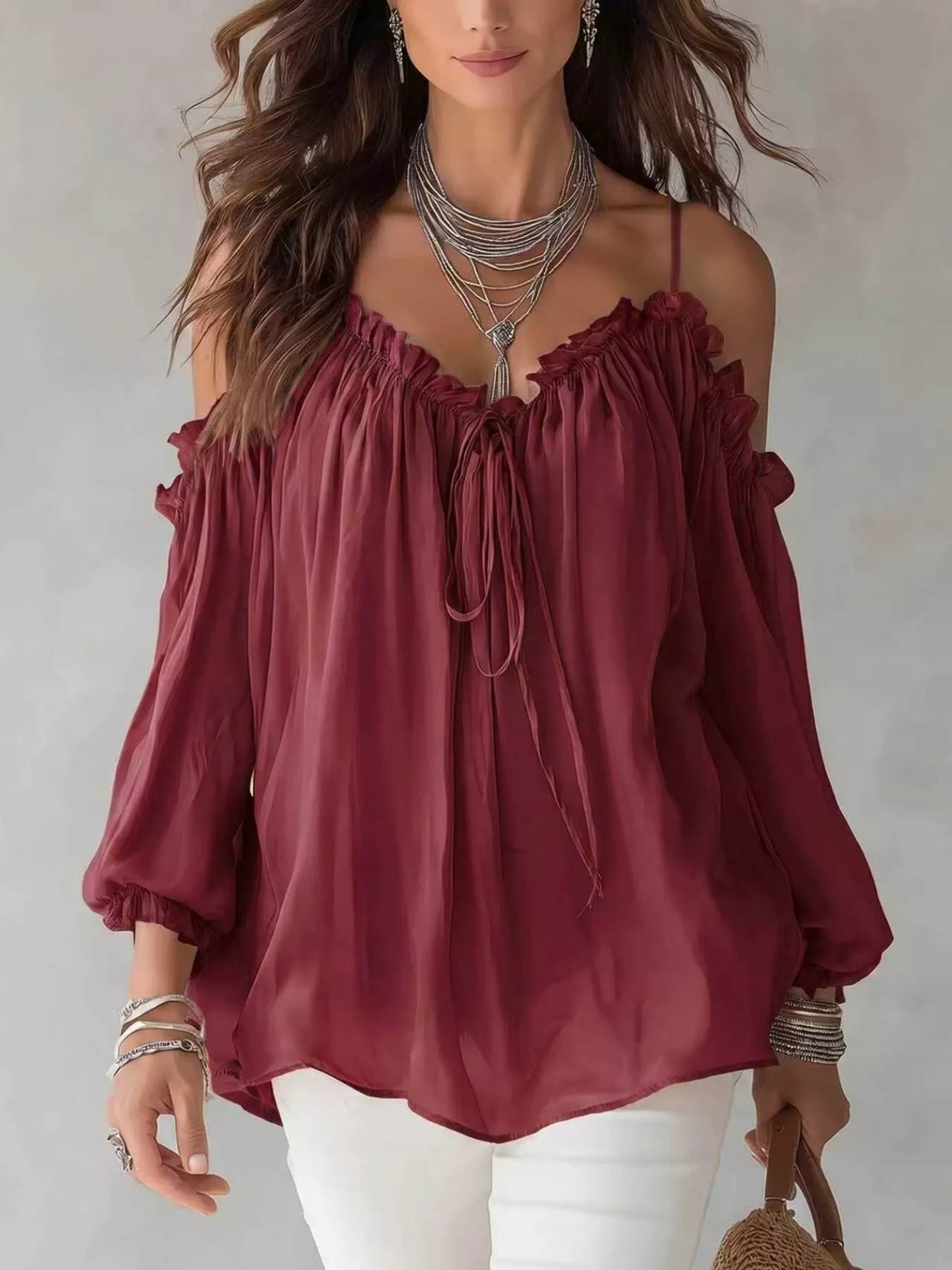 Frill Spaghetti Strap Tie Front Blouse