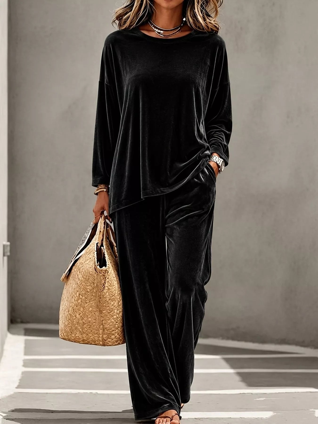 Full Size Velvet Long Sleeve Top and Pants Set Plus Size