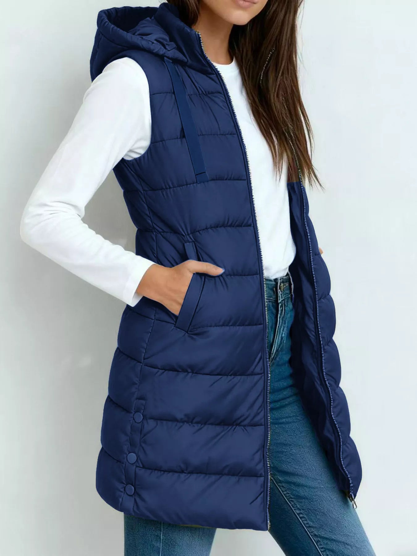 Zip Up Longline Hooded Puffer Vest Coat