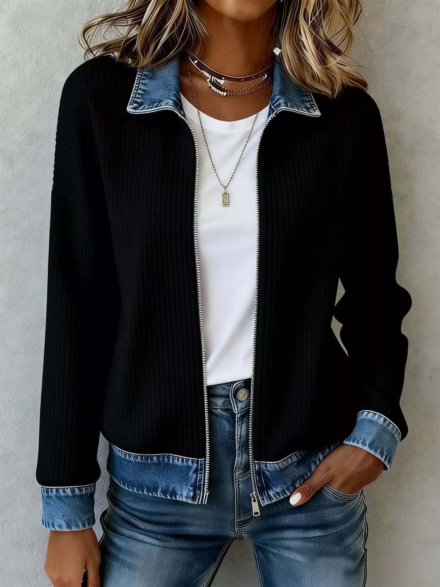 Contrast Denim Collar Ribbed Knit Jacket