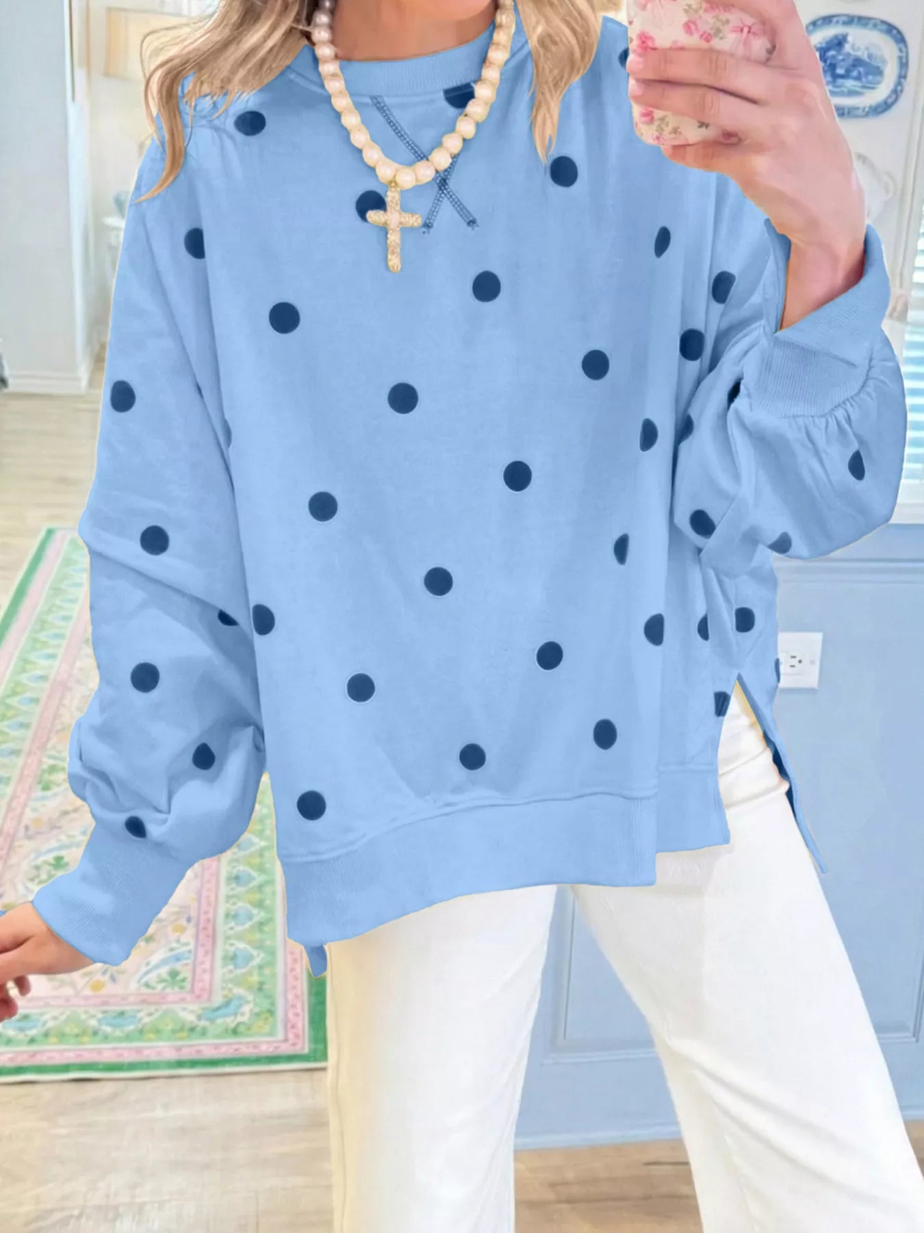 Side Slit Polka Dot Oversized Sweatshirt