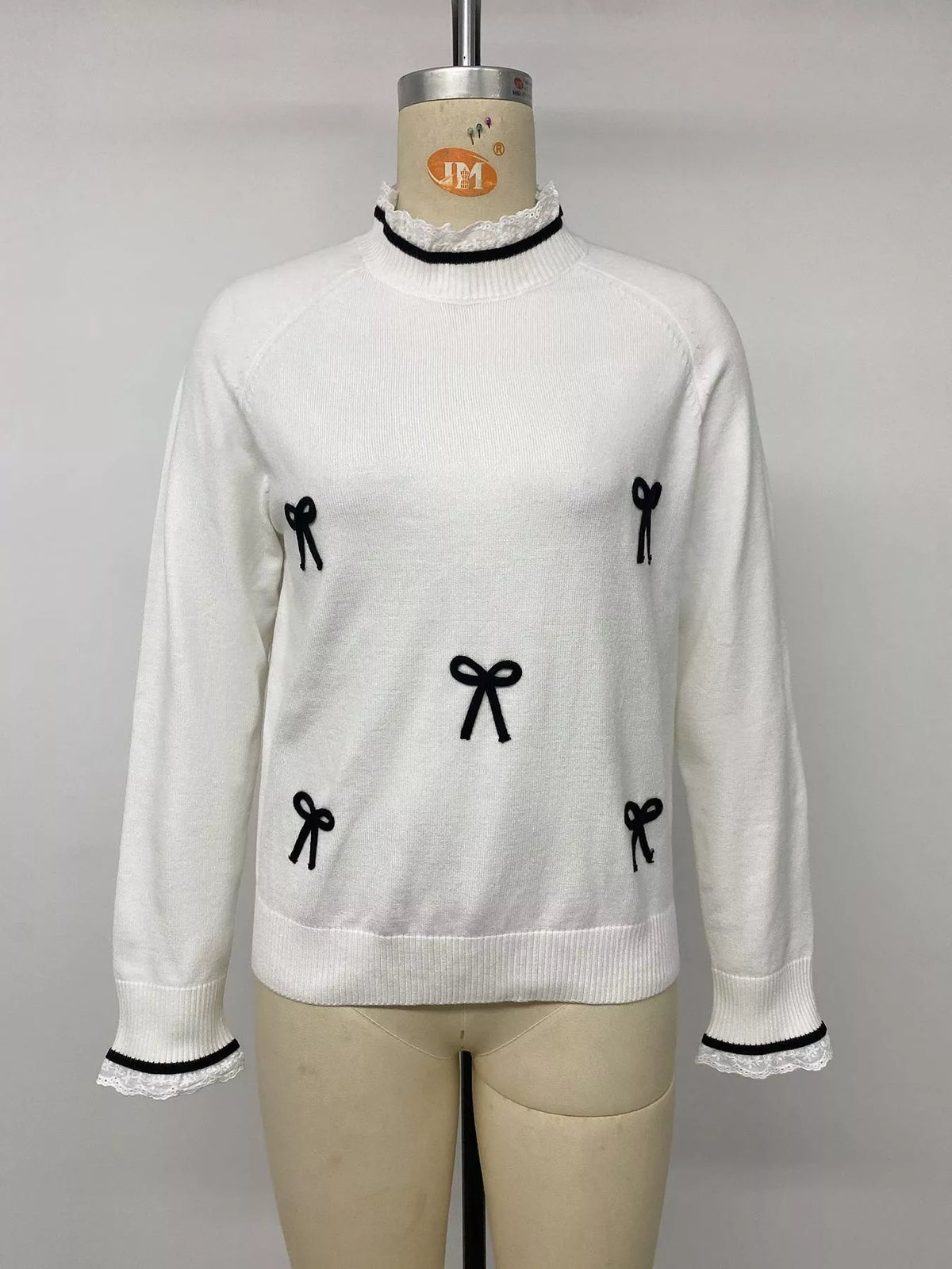 Bow-Embellished Lace Trim Sweater