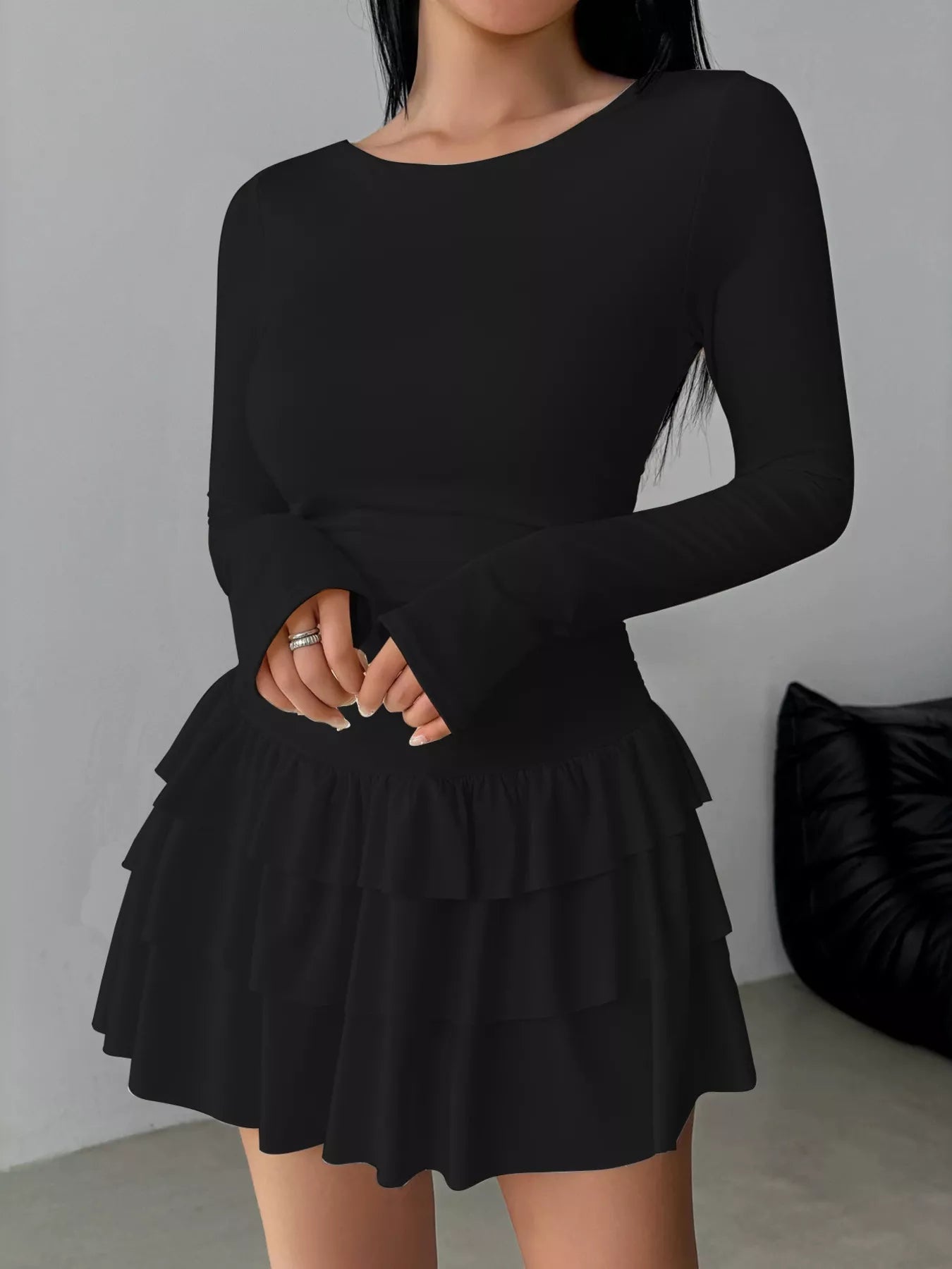 Ruched Long Sleeve Layered Ruffle Mini Dress
