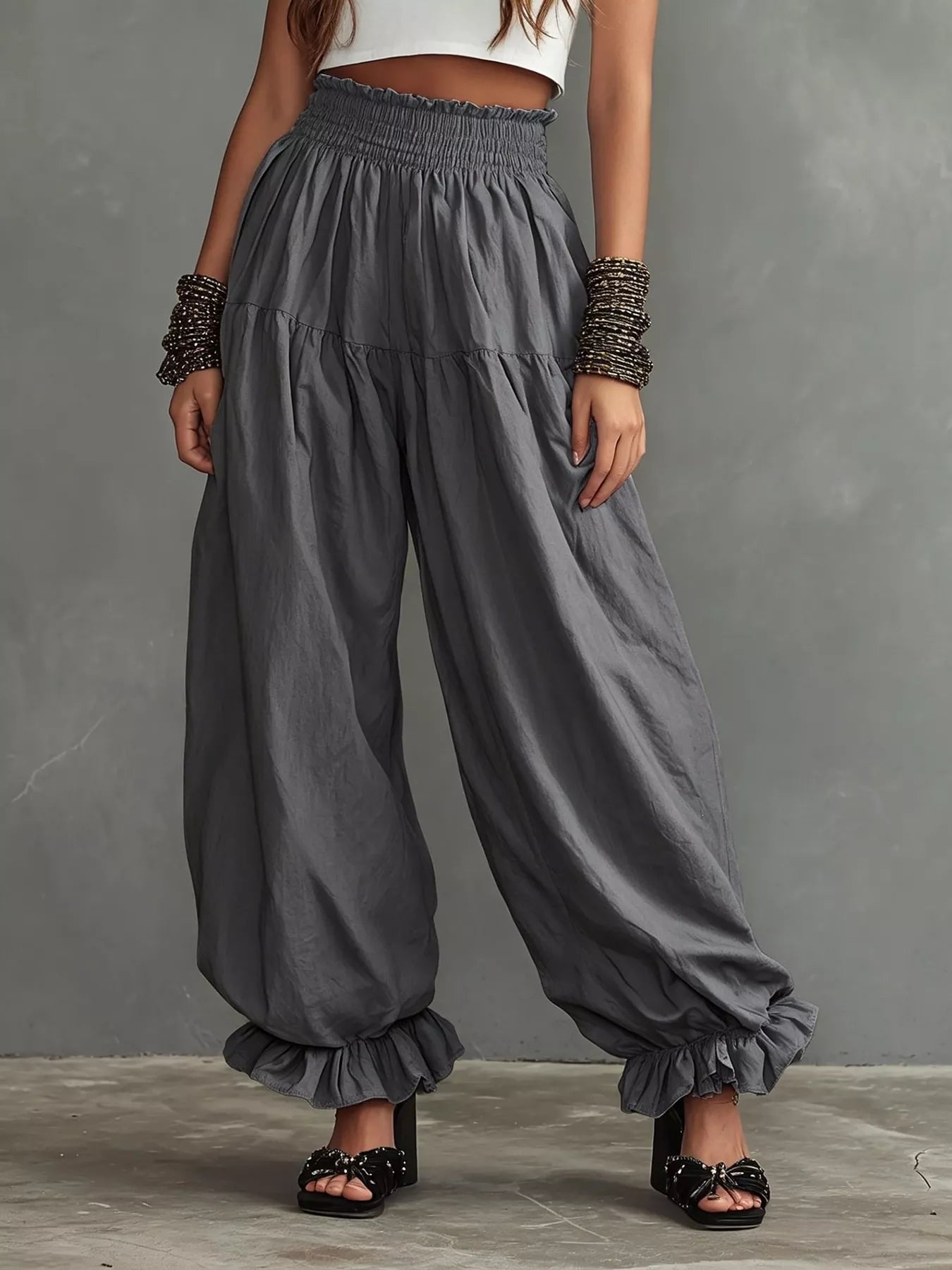 Full Size Smocked Ruffle Hem Wide Leg Pants Plus Size