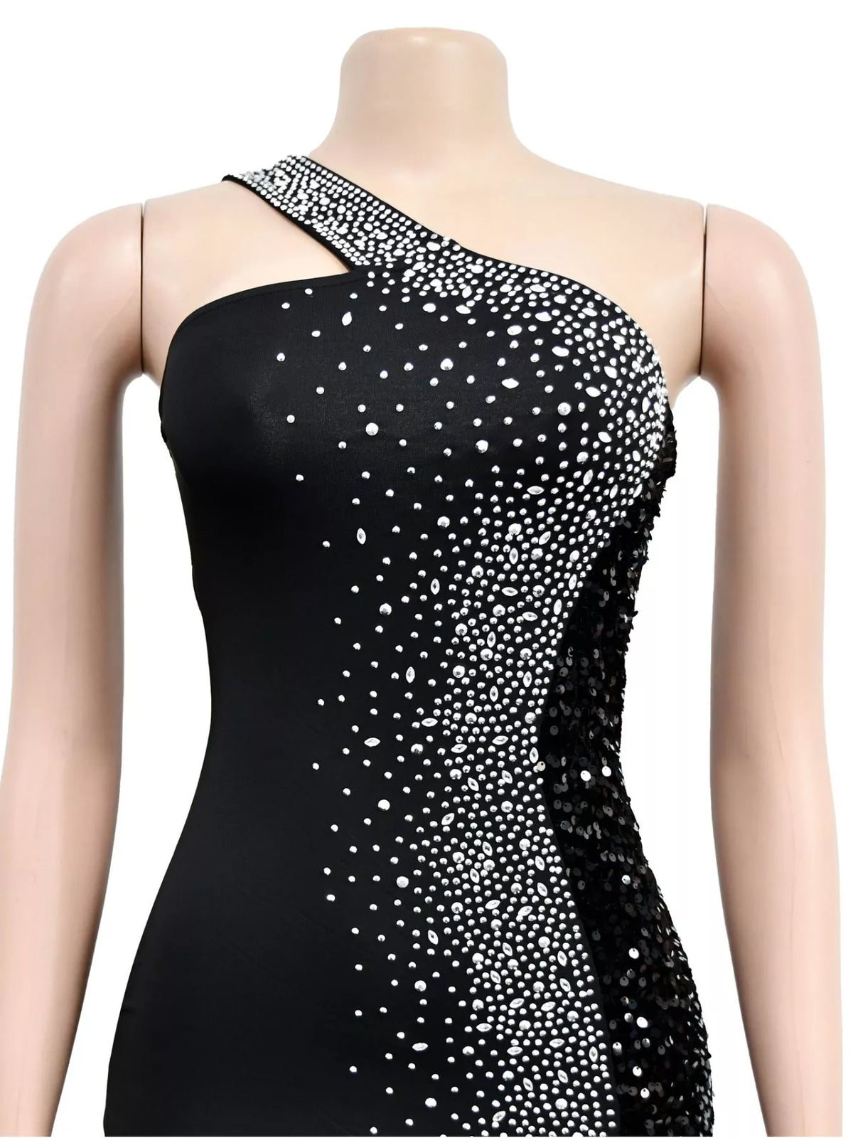 Rhinestone One-Shoulder High-Slit Maxi Dress