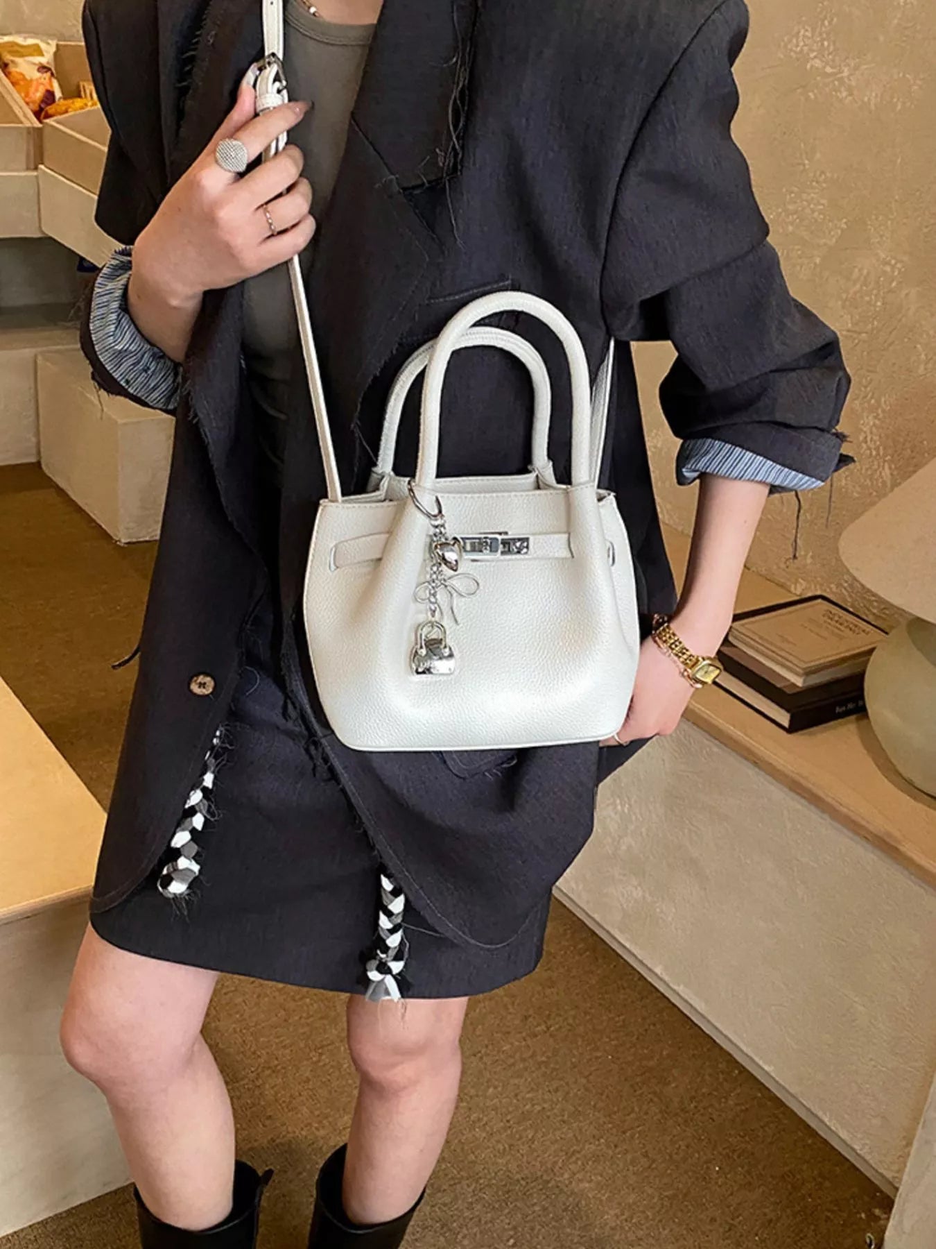 Leather Crossbody Bag with Lock Detail