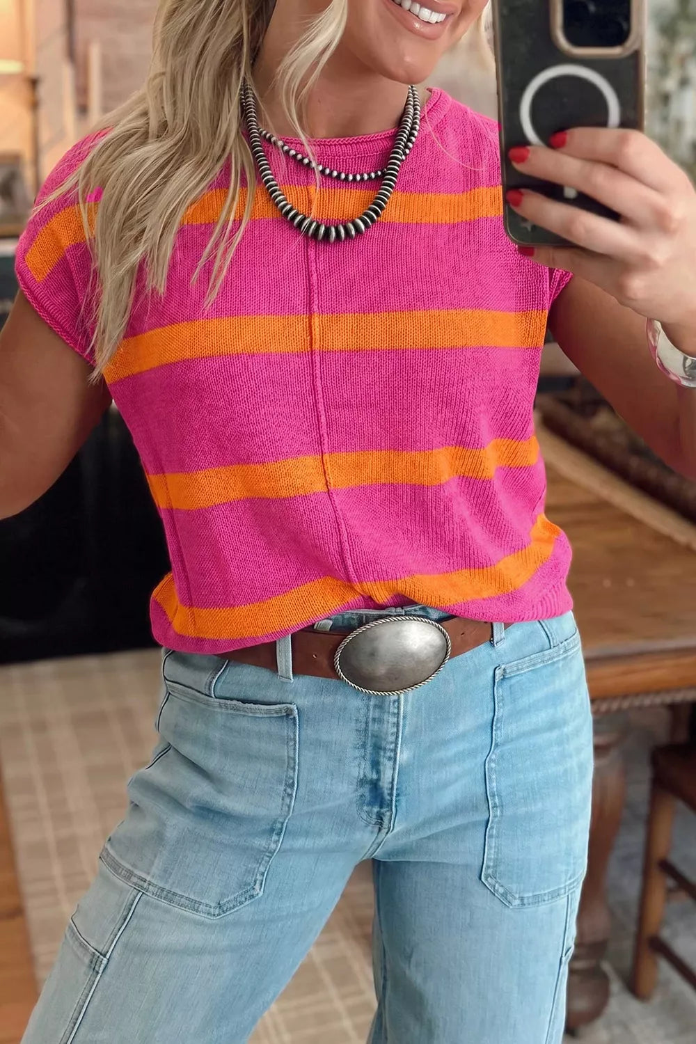 Stripe Knit Western Short Sleeve Sweater