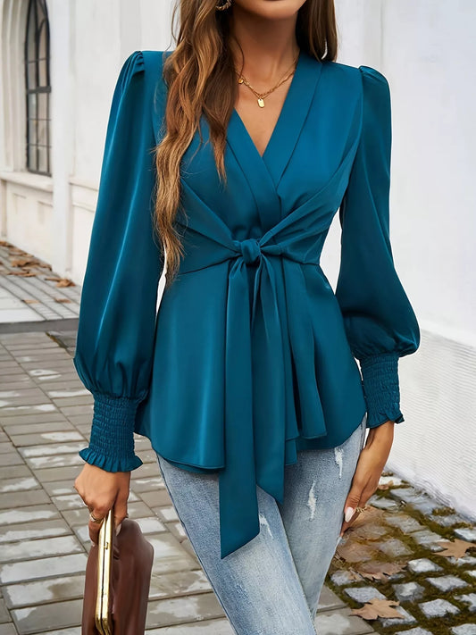 Knot Front Lantern Sleeve Blouse