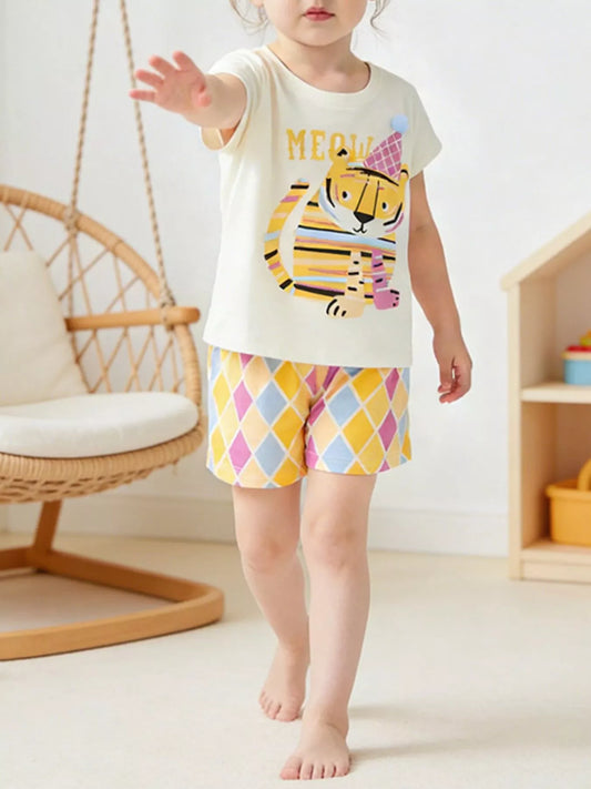 Children's Tiger Round Neck Tee and Shorts Set