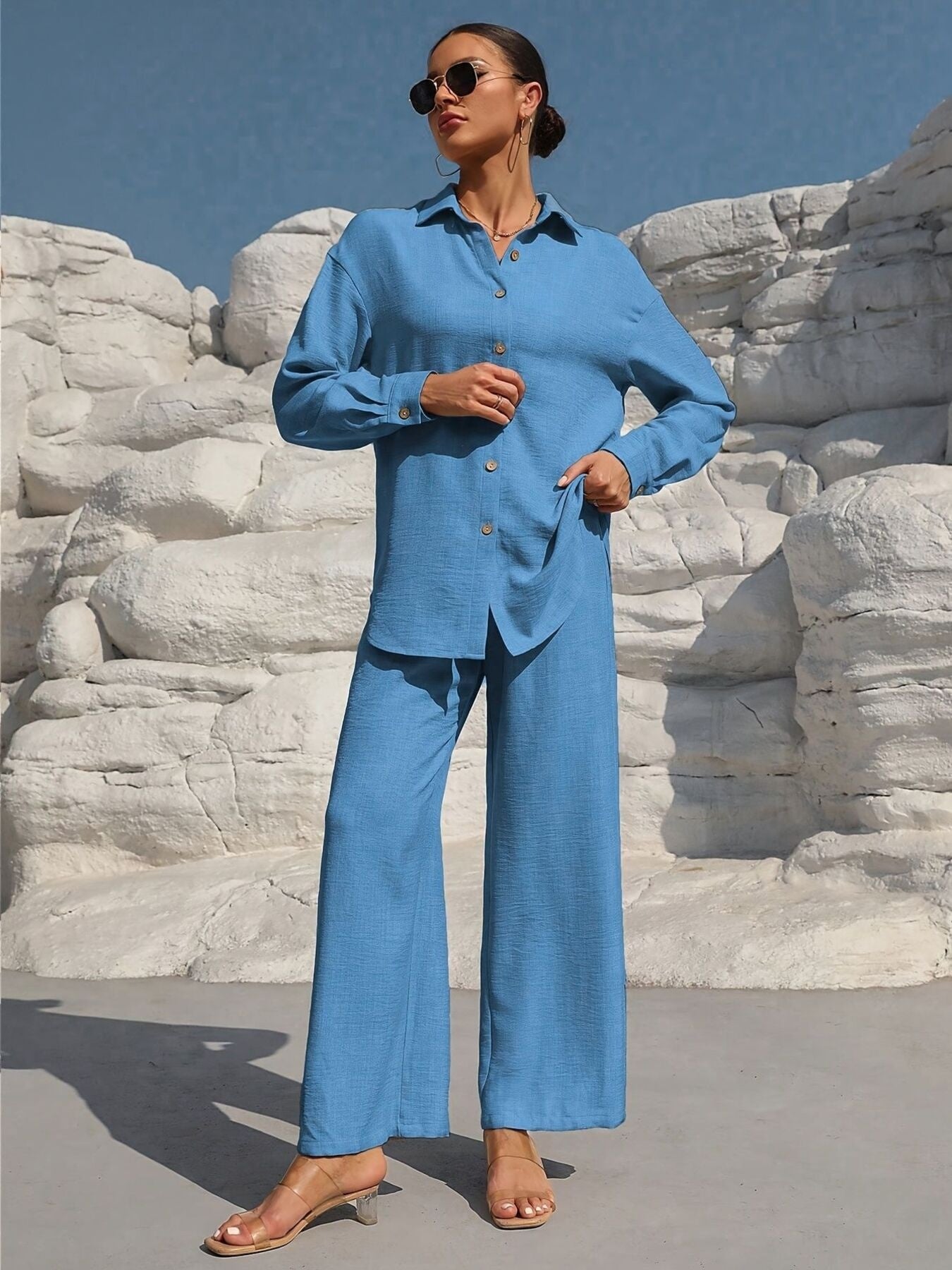 Button Up Long Sleeve Shirt and Pants Set