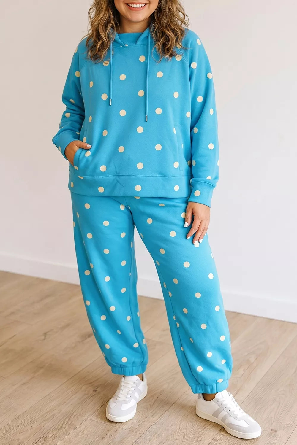 Plus Size Polka Dot Hooded Drawstring Long Sleeve Top and Pants Set