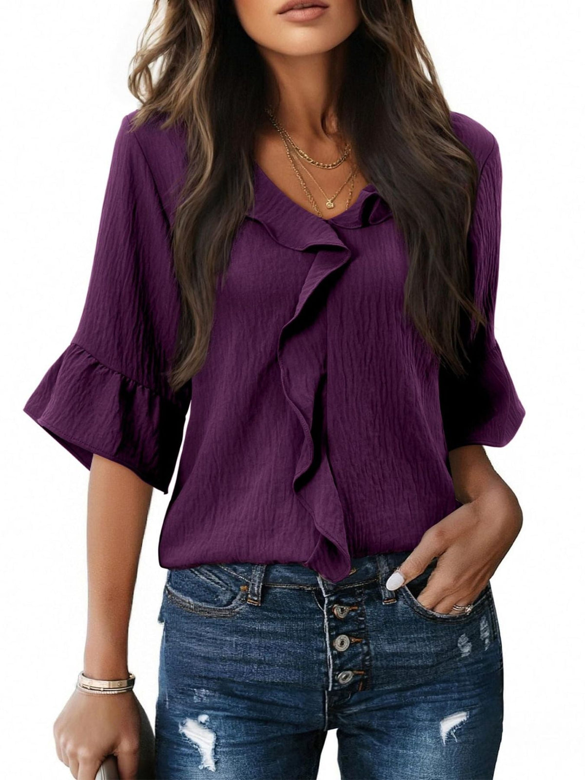 Ruffle V-Neck Flounce Sleeve Blouse