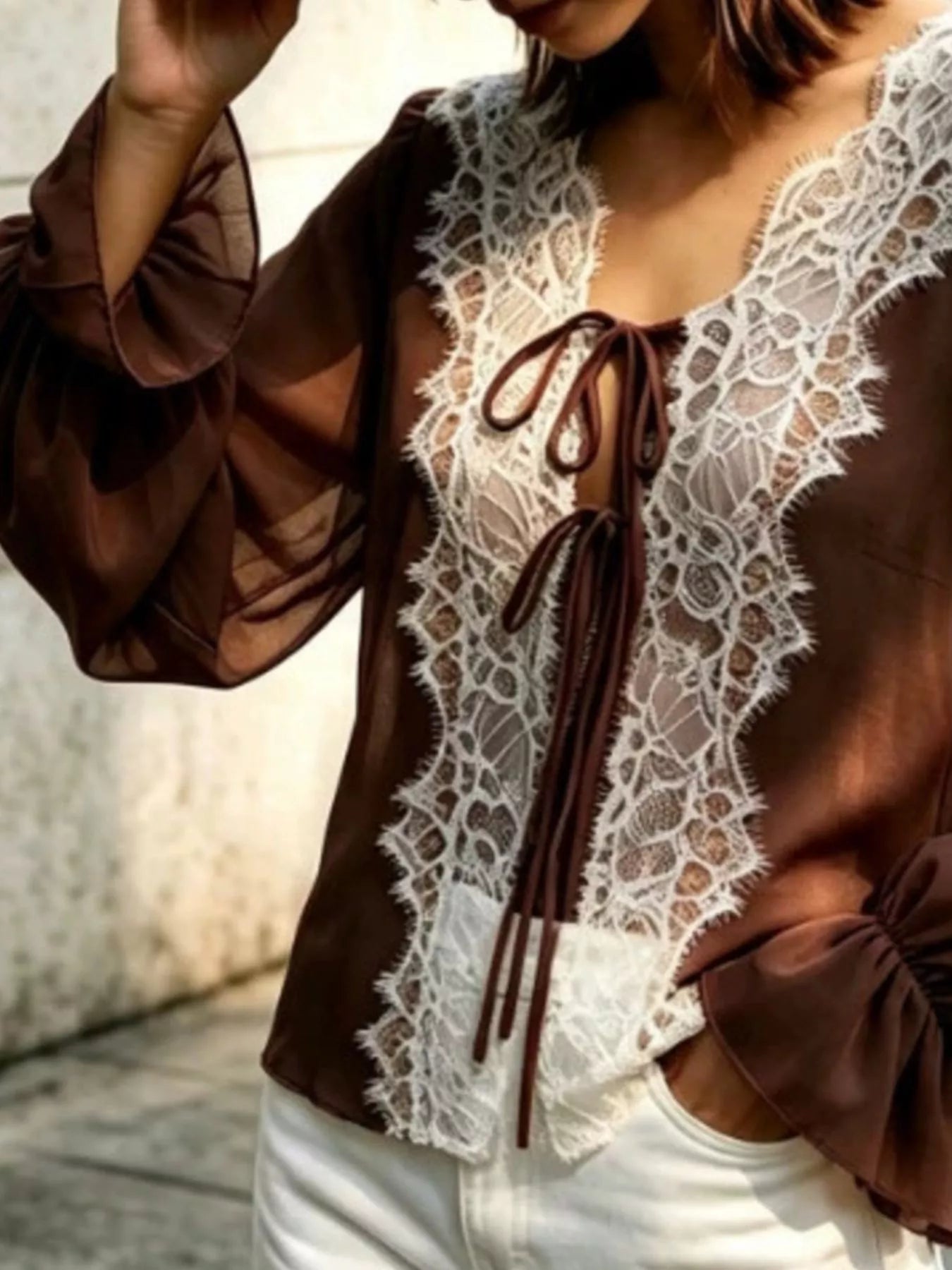 Sheer Lace-Trimmed Front Tie Blouse