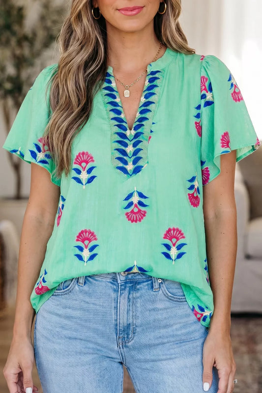 Floral V Neck Flutter Sleeve Blouse