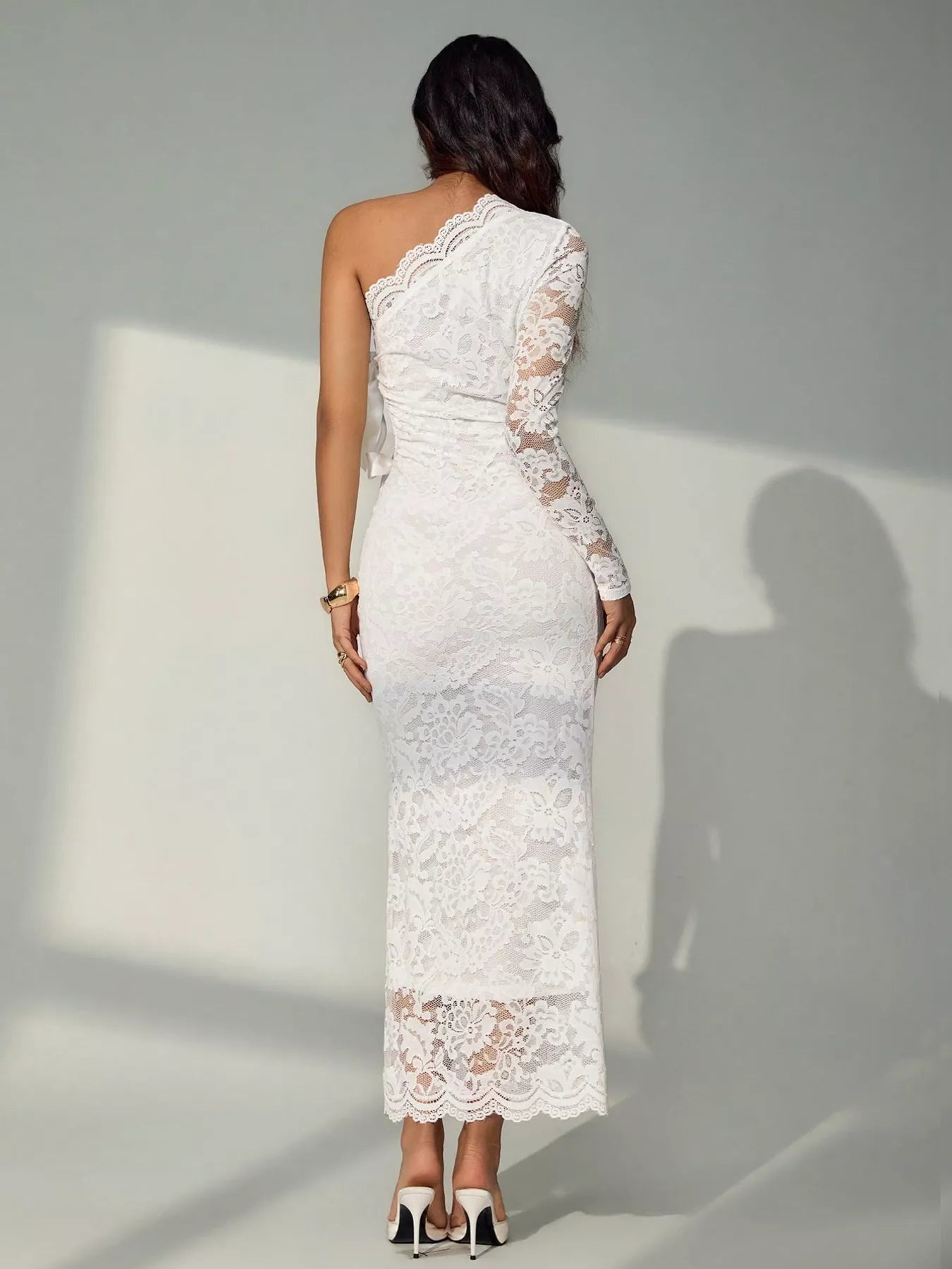 One-Shoulder Lace Cut-Out Midi Dress