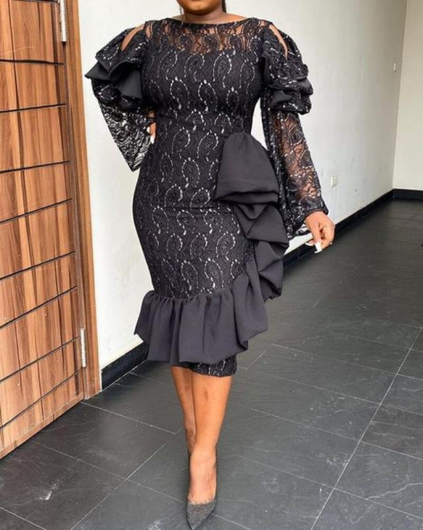 Black Solid Lace Pullover Irregular Large Size Long Sleeve Dress