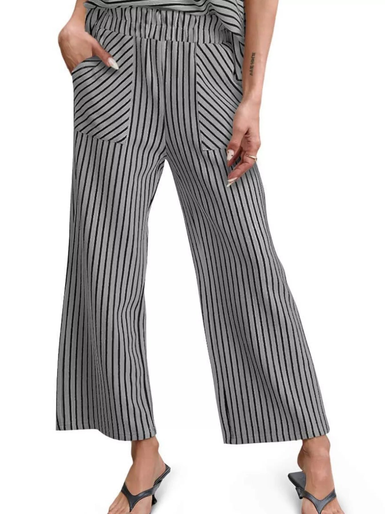 Casual Striped Short Sleeve Top and Wide Leg Pants Two-Piece Set