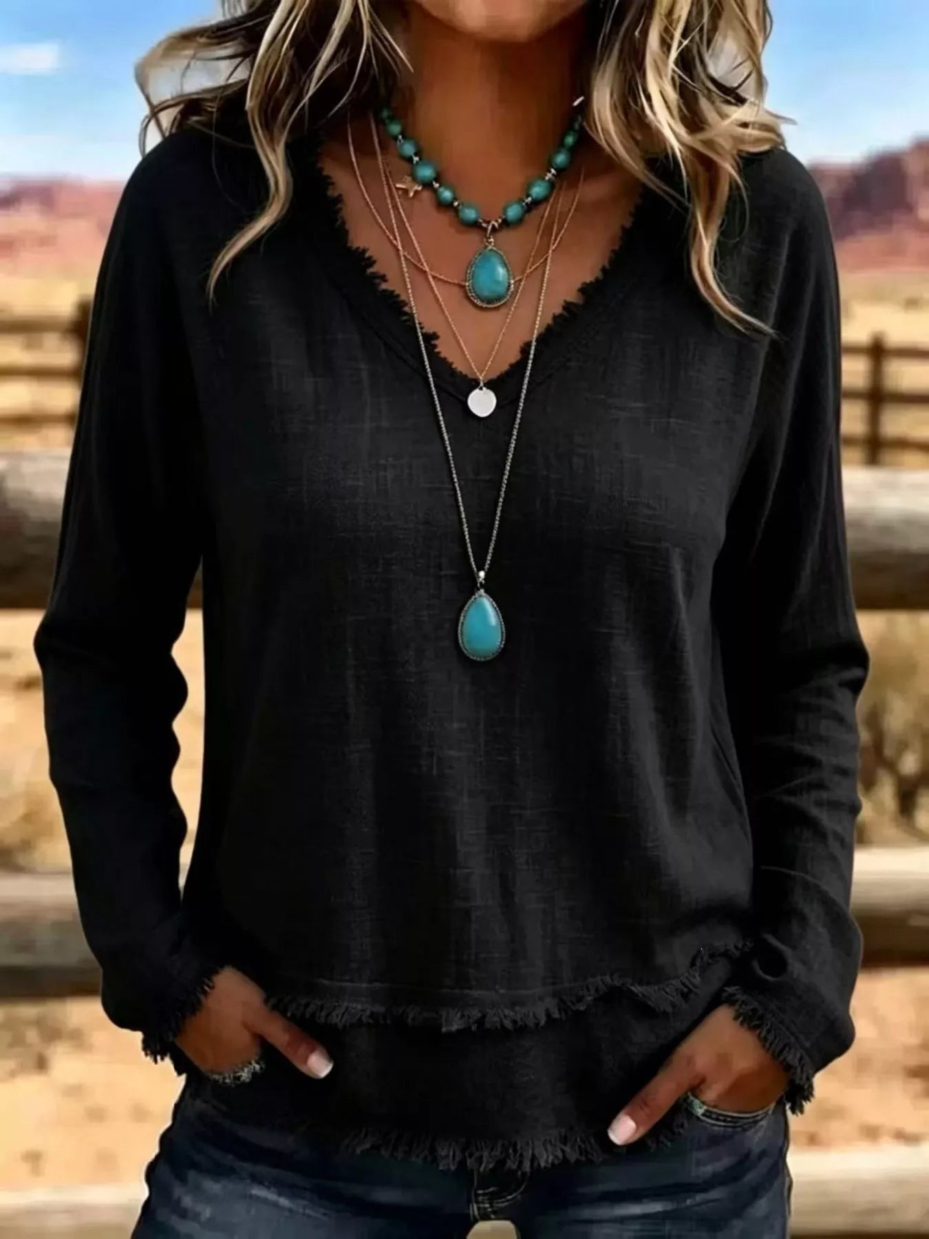 V-Neck Frayed Hem Long Sleeve T-Shirt