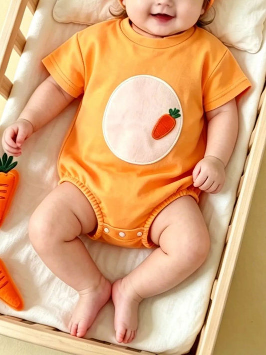 Children's Carrot Embroidered Round Neck One-Piece & Hat Set