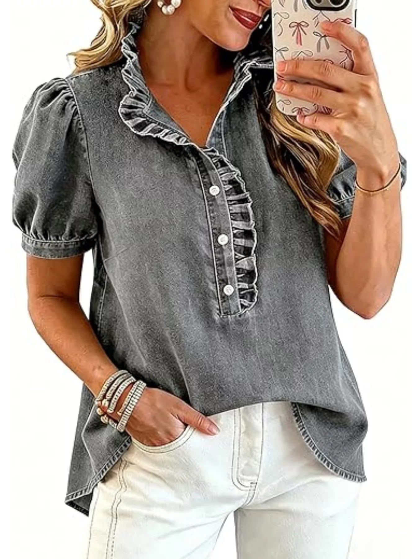 Frill Puff Sleeve Denim Top