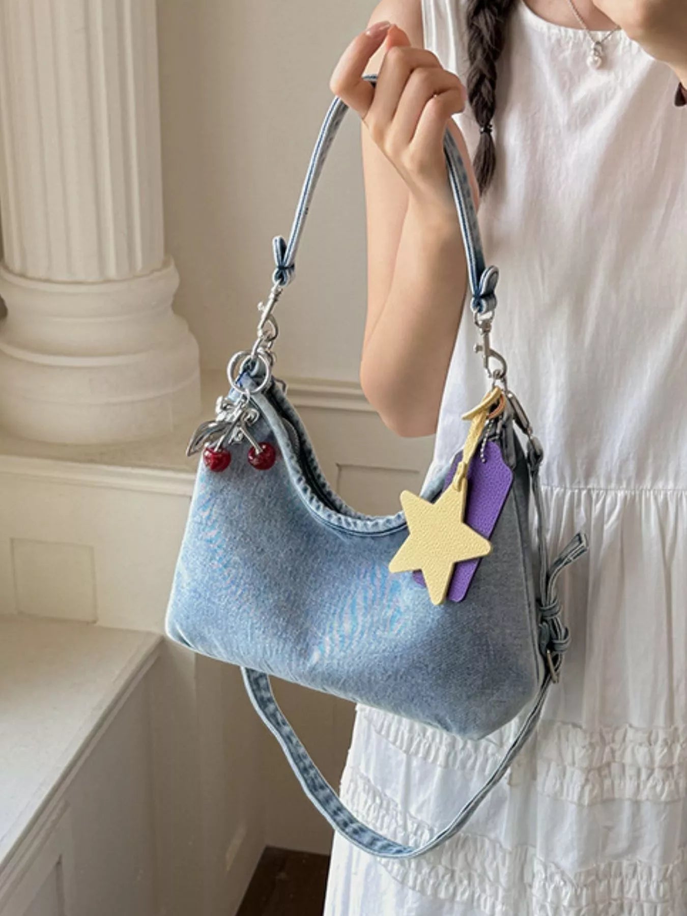 Star Charm Denim Shoulder Bag