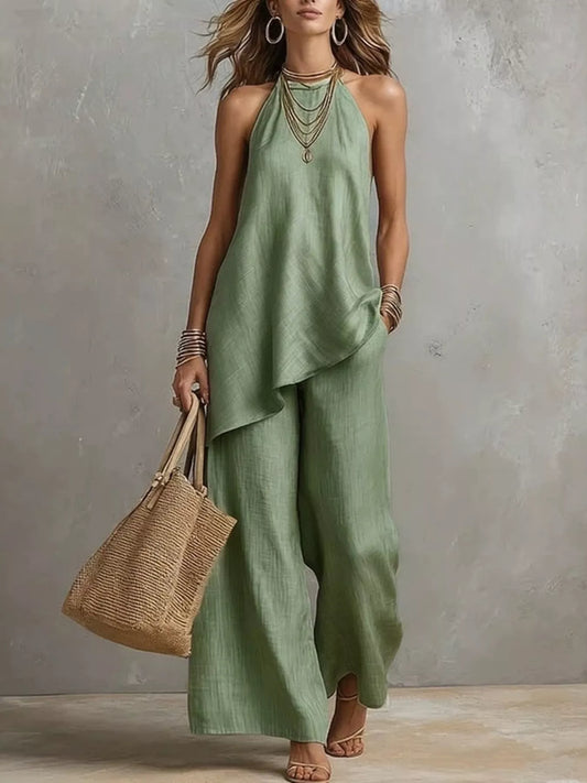 Full Size Asymmetrical Hem Cami and Wide Leg Pants Set Plus Size