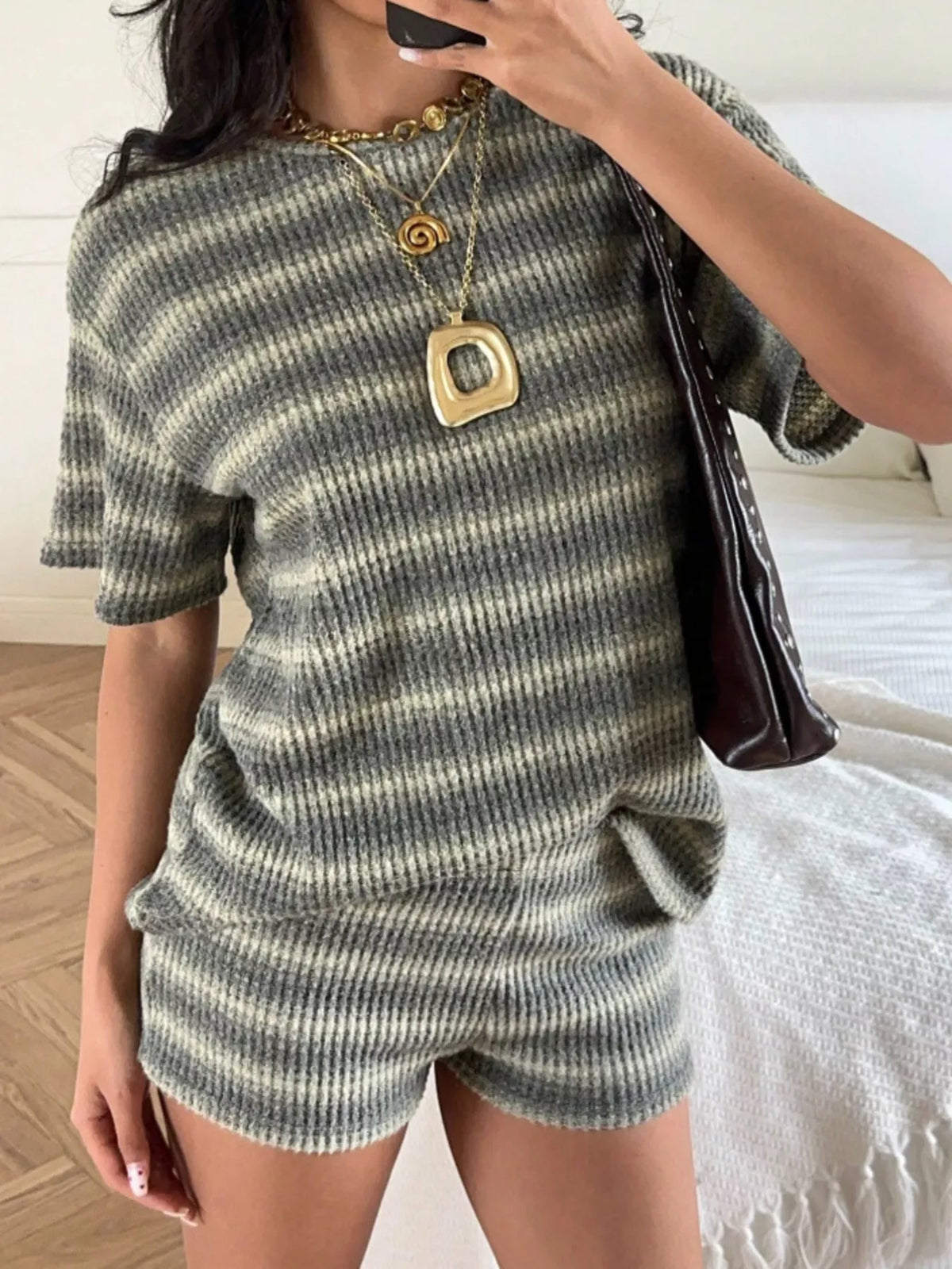 Striped Textured Knit Top and Shorts Set