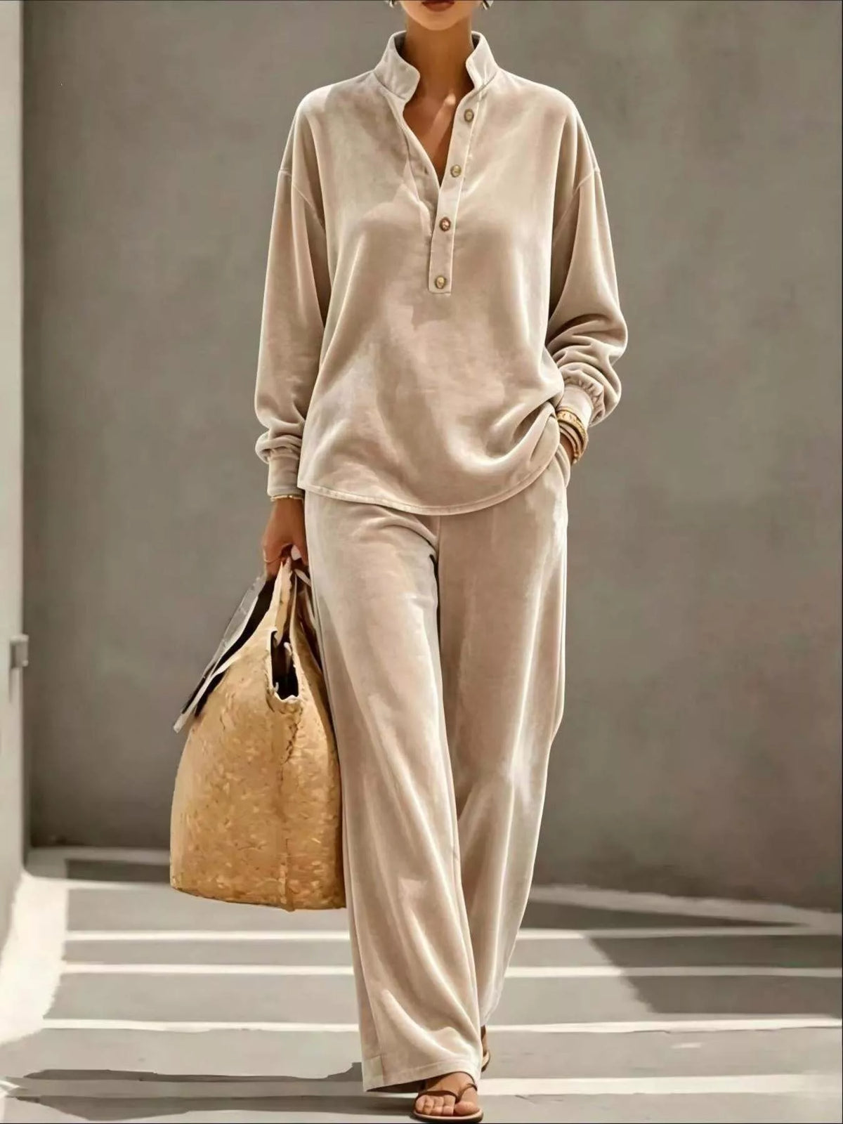 Full Size Half Button Top and Wide Leg Pants Set Plus Size