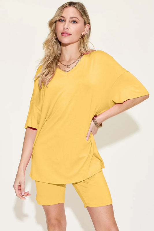 Basic Bae Bamboo Full Size  V-Neck Drop Shoulder T-Shirt and Shorts Set