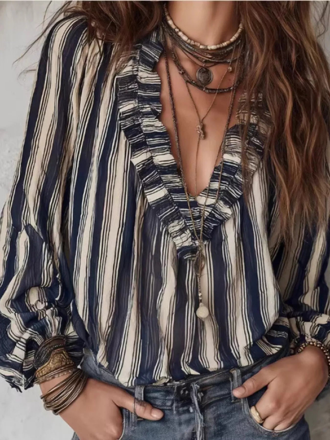 Striped Balloon Sleeve Blouse