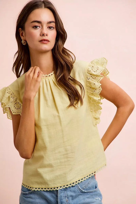 BiBi Cotton Solid Ruffle Sleeve Lace Detail Blouse Top
