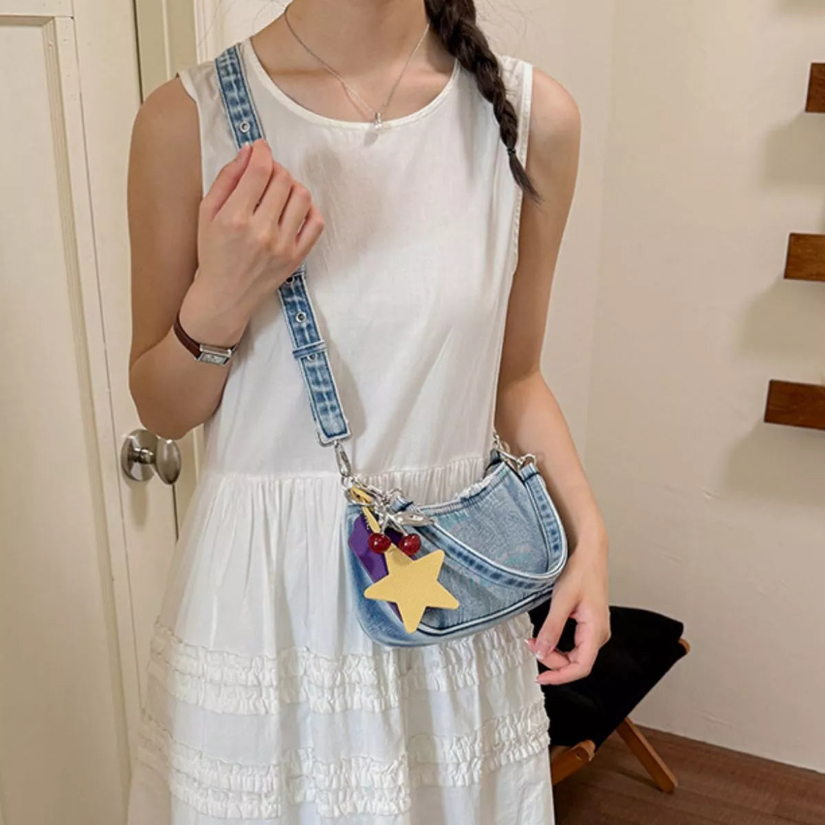 Star Charm Denim Shoulder Bag
