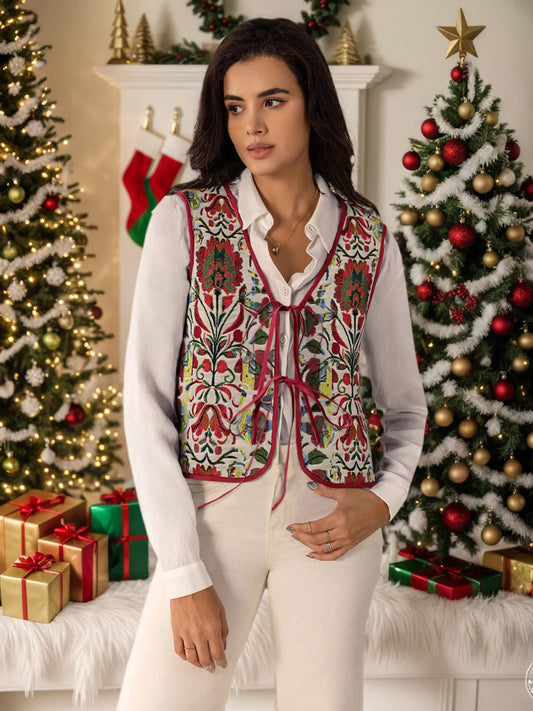 Floral Embroidered Tie-Front Vest Coat