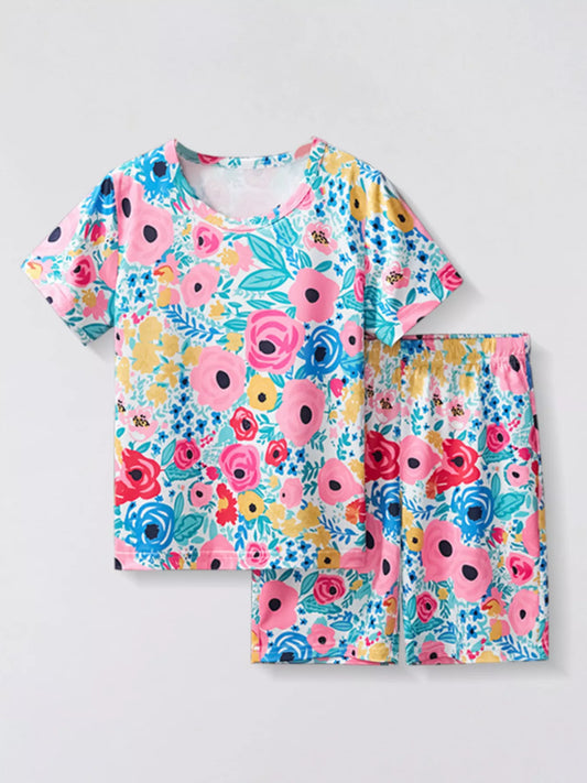 Children's Floral Round Neck Tee and Shorts Set