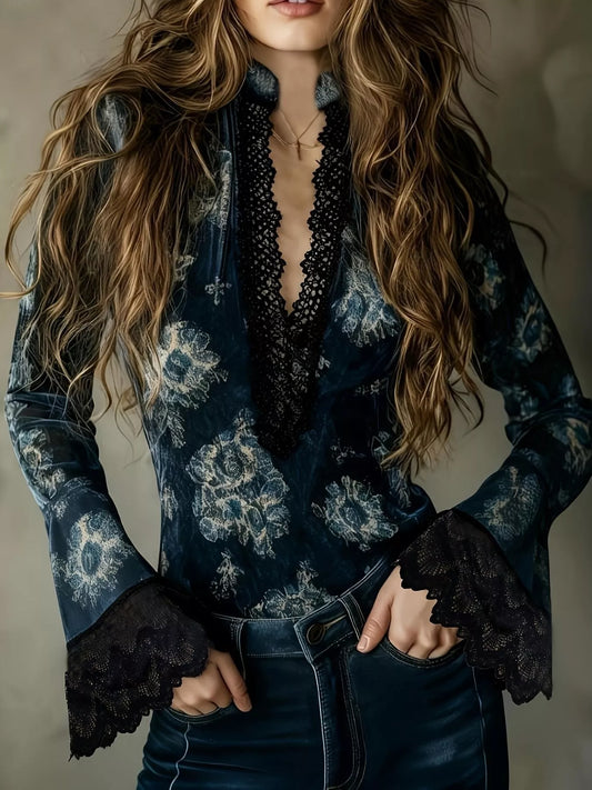 Lace Trim Flare Sleeves Blouse