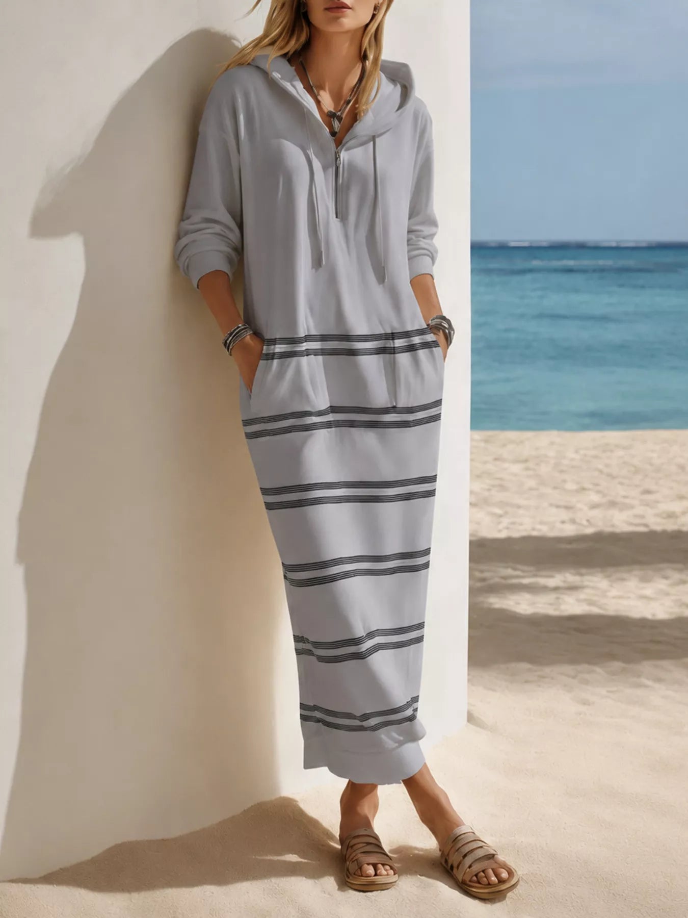 Casual Striped Drawstring Hooded Dress