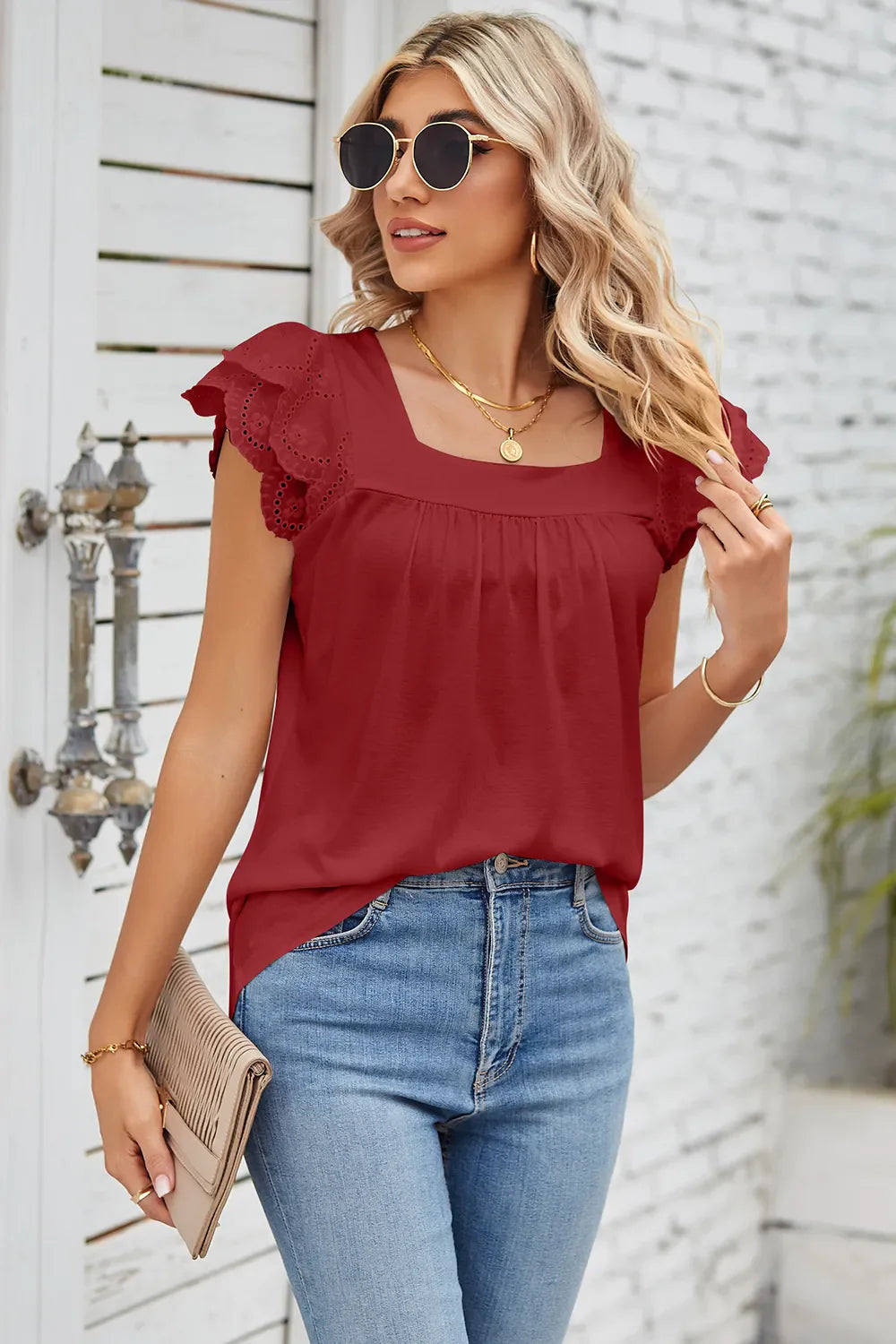 Eyelet Square Neck Cap Sleeve Blouse