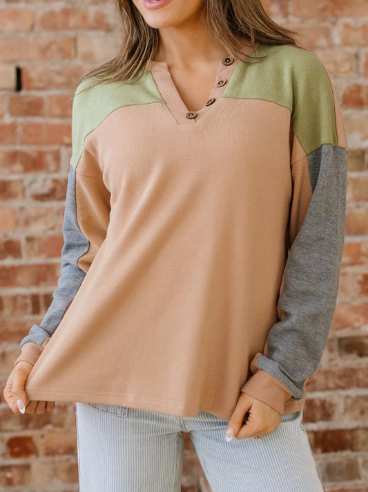 Color Block Thermal Textured Knit Drop Shoulder Henley Top