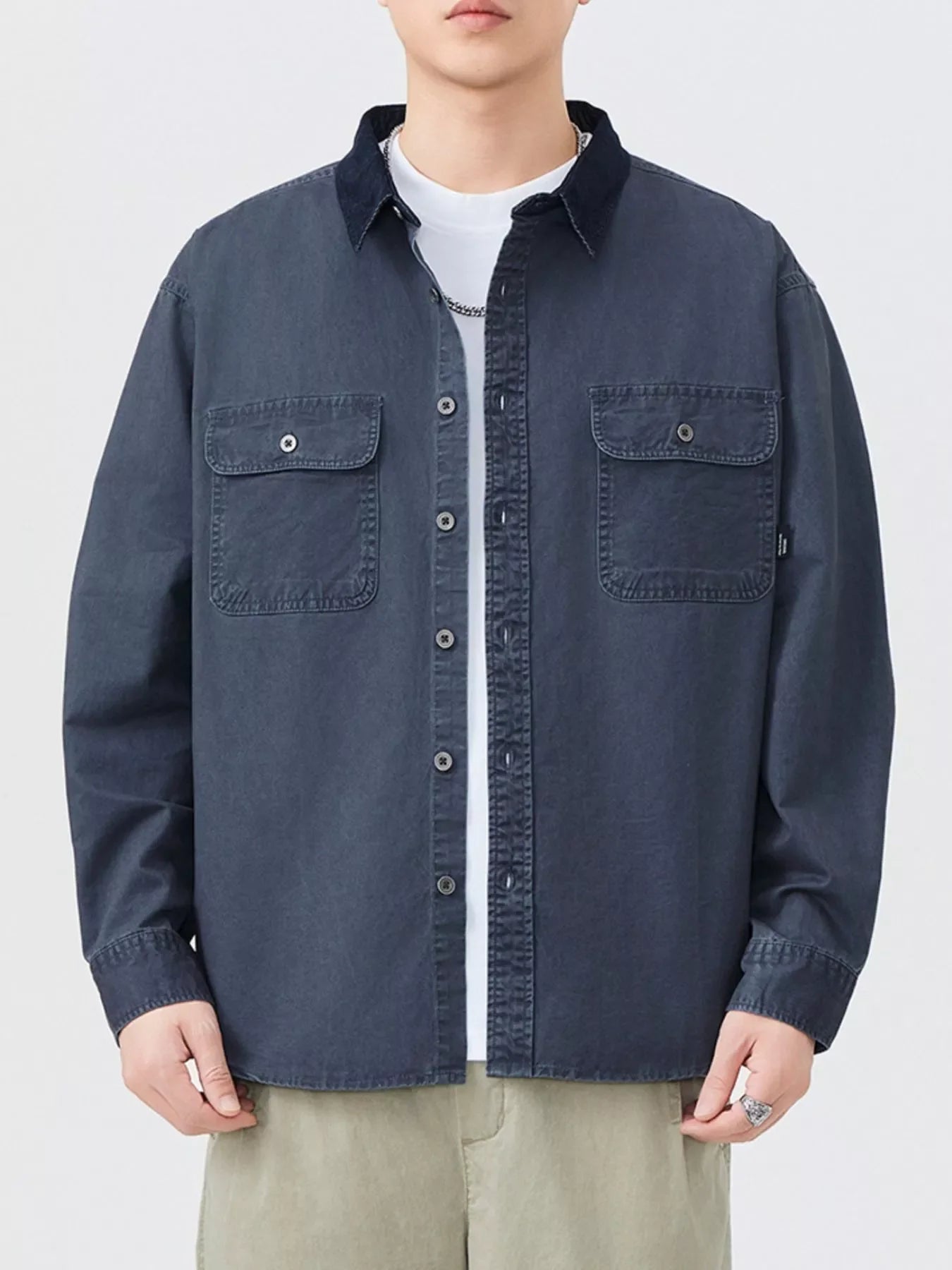 Men's Plus Size Button Up Shacket with Dual Chest Pockets