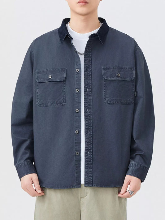 Men's Plus Size Button Up Shacket with Dual Chest Pockets