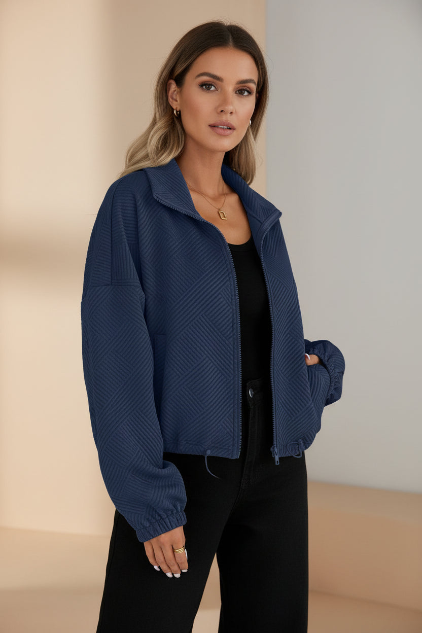 Women's Oversized Zip-Up Jacket with Pockets – High Neck Textured Coat