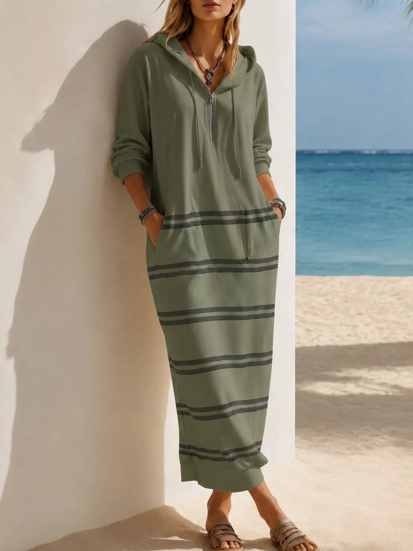 Casual Striped Drawstring Hooded Dress