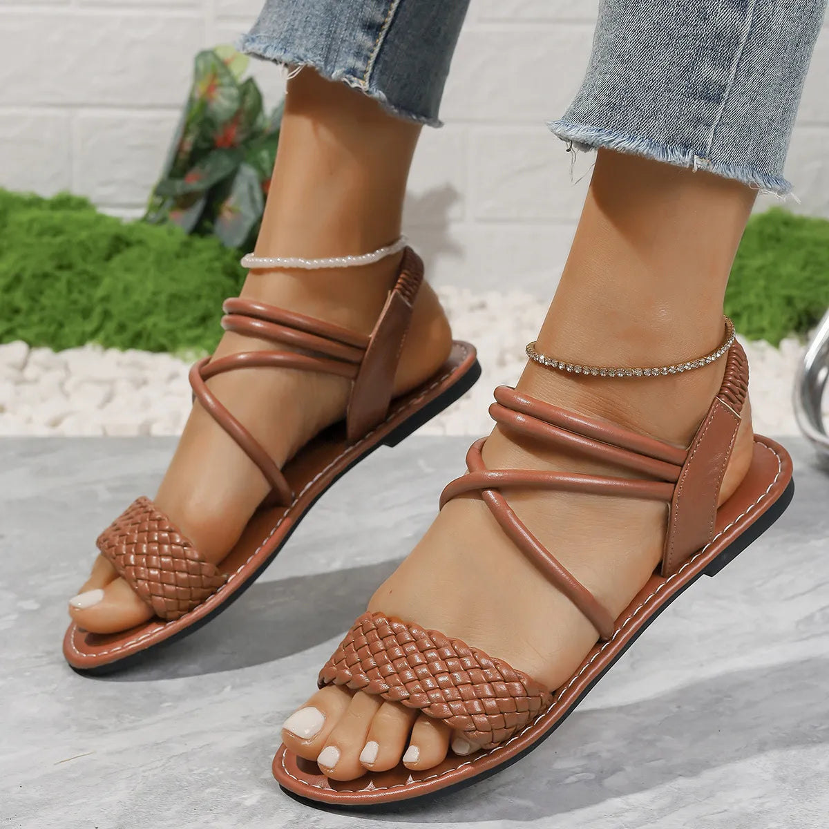 Braided Ankle Strap Flat Sandals