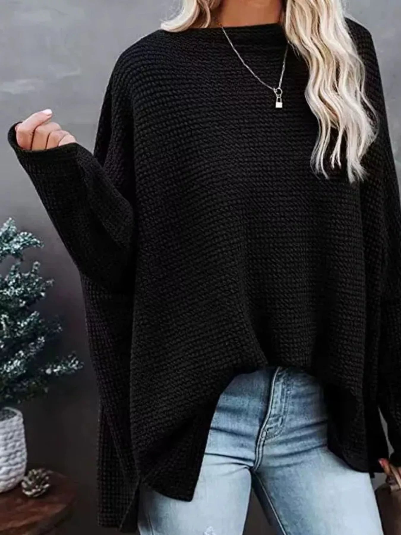 Boat Neck Waffle Knit Top