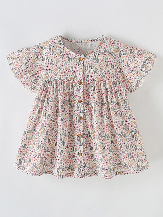 Children's Floral Print Button-Front Ruffle Sleeve Dress