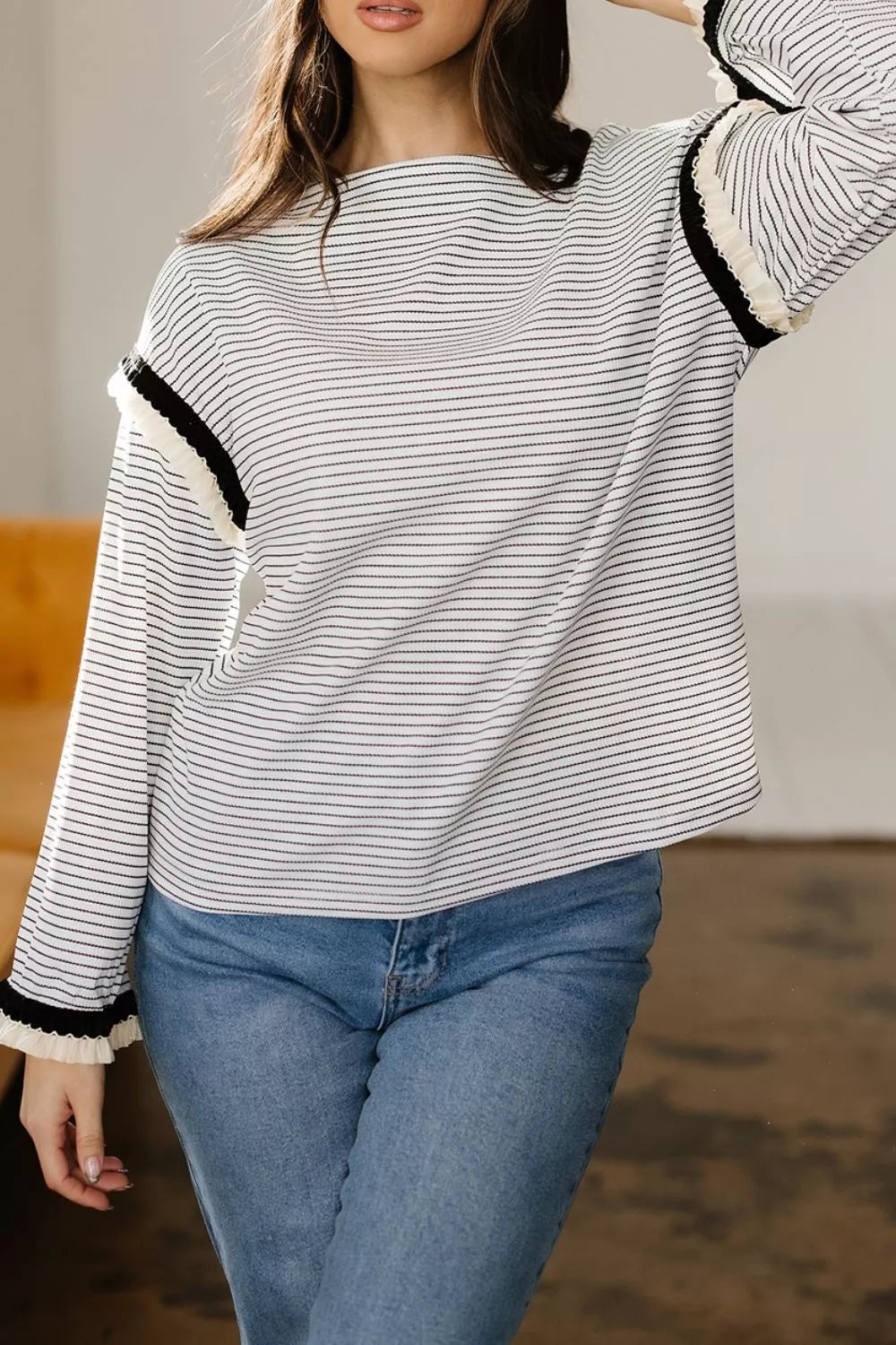 Stripe Contrasted Ruffle Trim Loose Long Sleeve Top