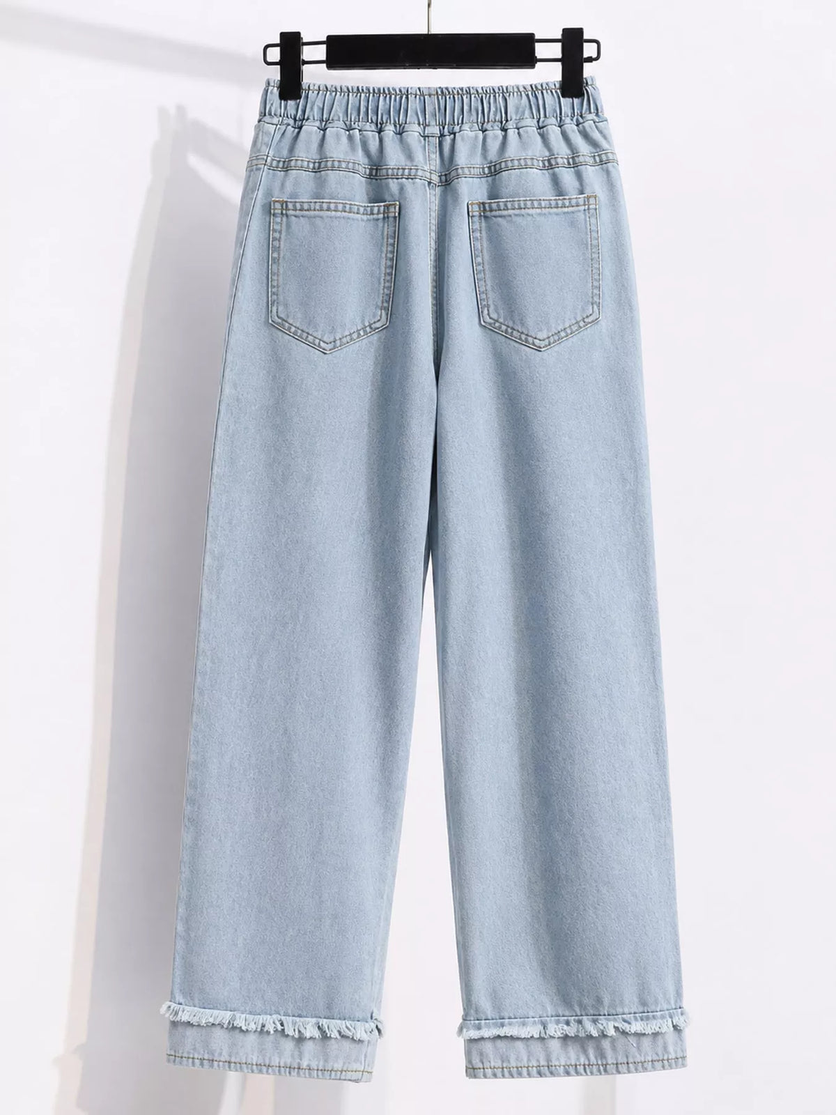 Full Size High-Waisted Elastic Drawstring Wide-Leg Jeans with Frayed Hem Plus Size