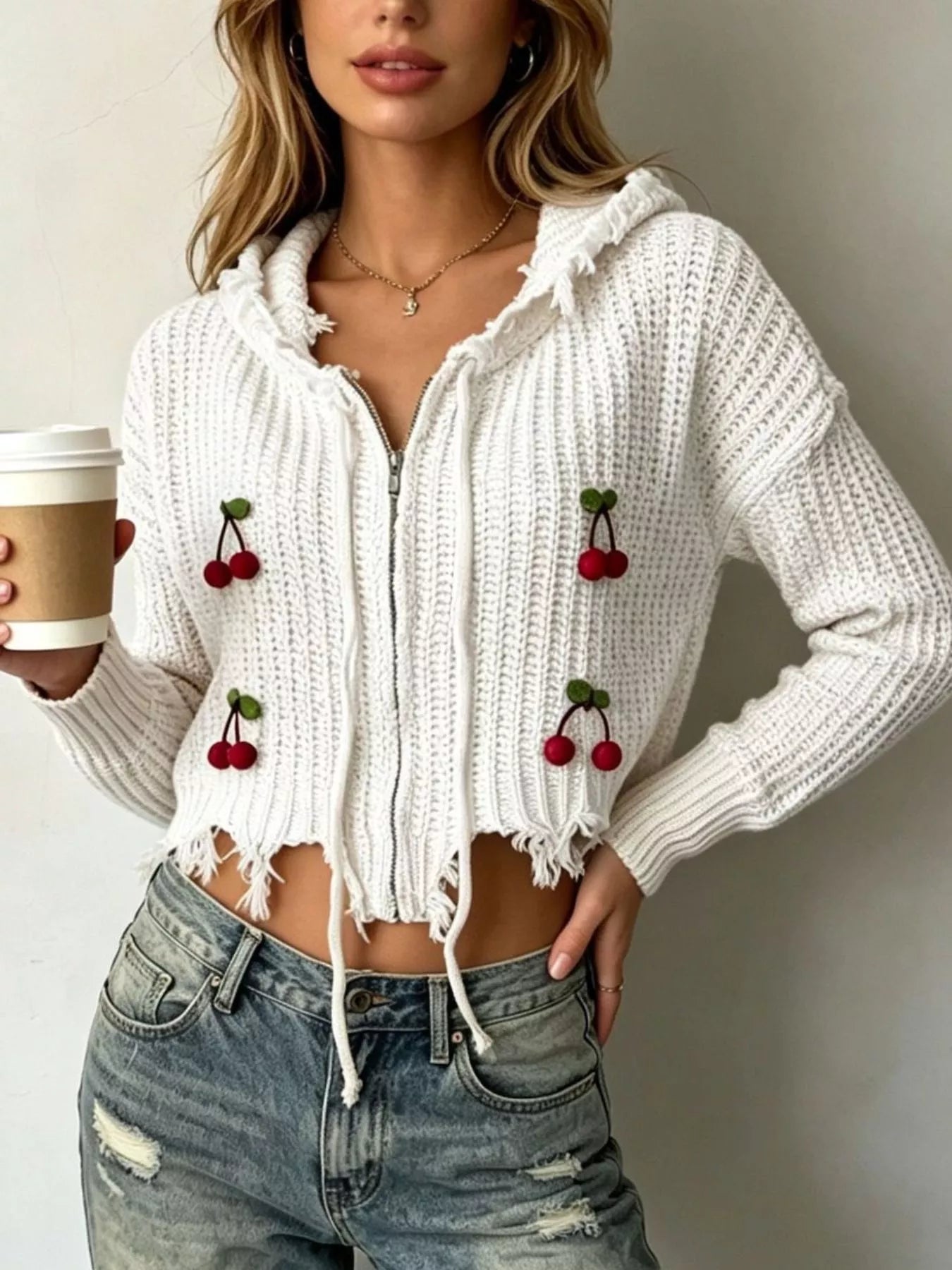 Cherry Knit Zip-Up Hooded Sweater
