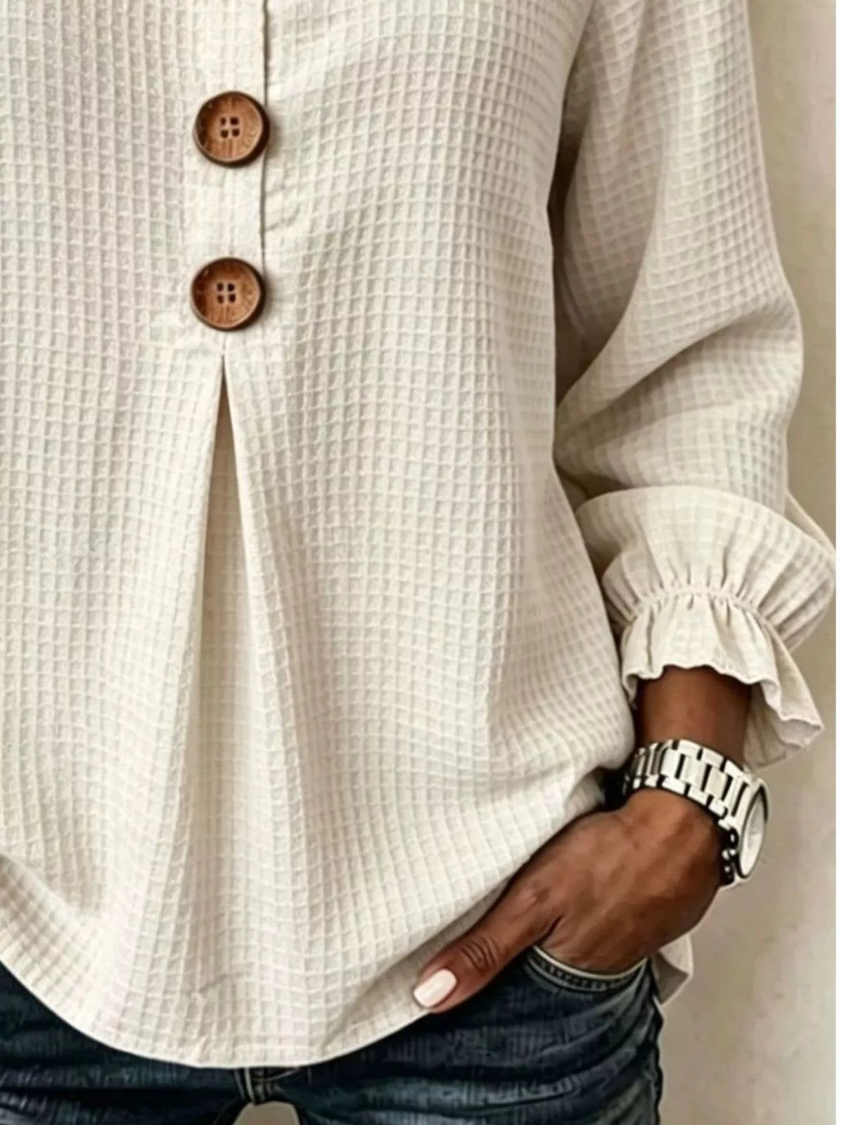 Full Size Waffle Knit Flounce Sleeve Blouse Plus Size